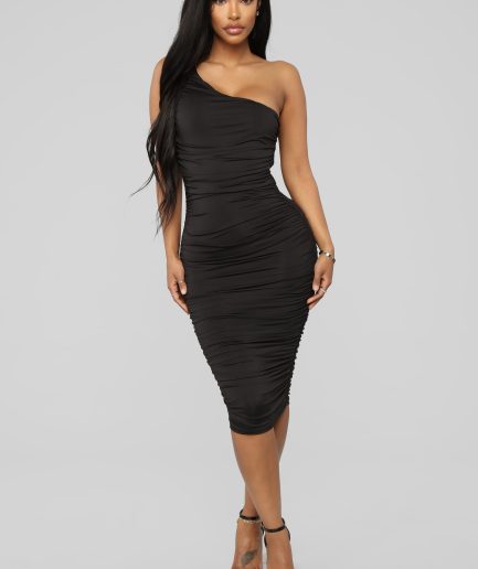 One Shoulder Midi Dress - Black